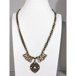 Bronze Tone Beige Baguette Crystal Oval Medallion Pendant Necklace 23 in